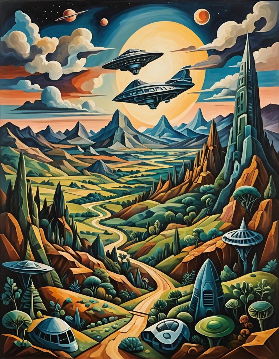 Abstract Surreal Alien Landscape with Spaceships