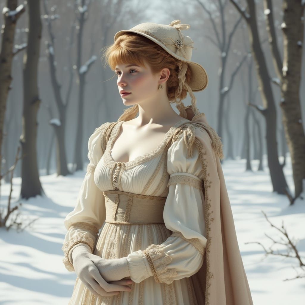 Woman in Regency Costume in Snowy Landscape