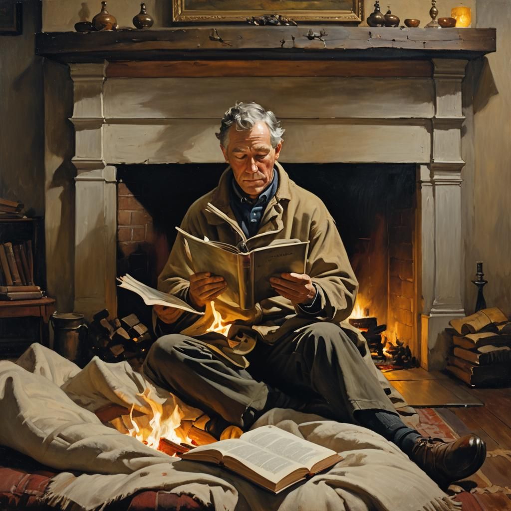 Cozy Oil Painting of Reader by Fireplace