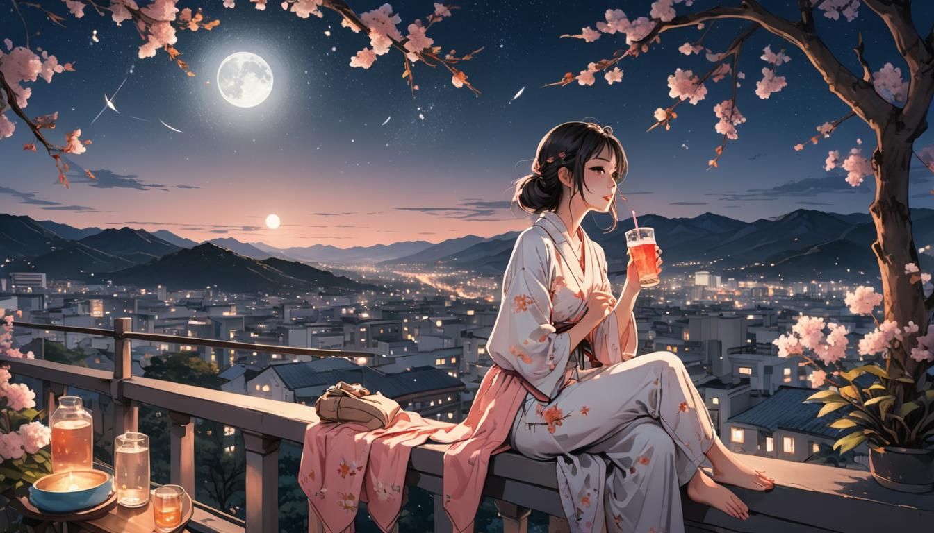 Moonlit Balcony Serenity in Manga Illustration Style