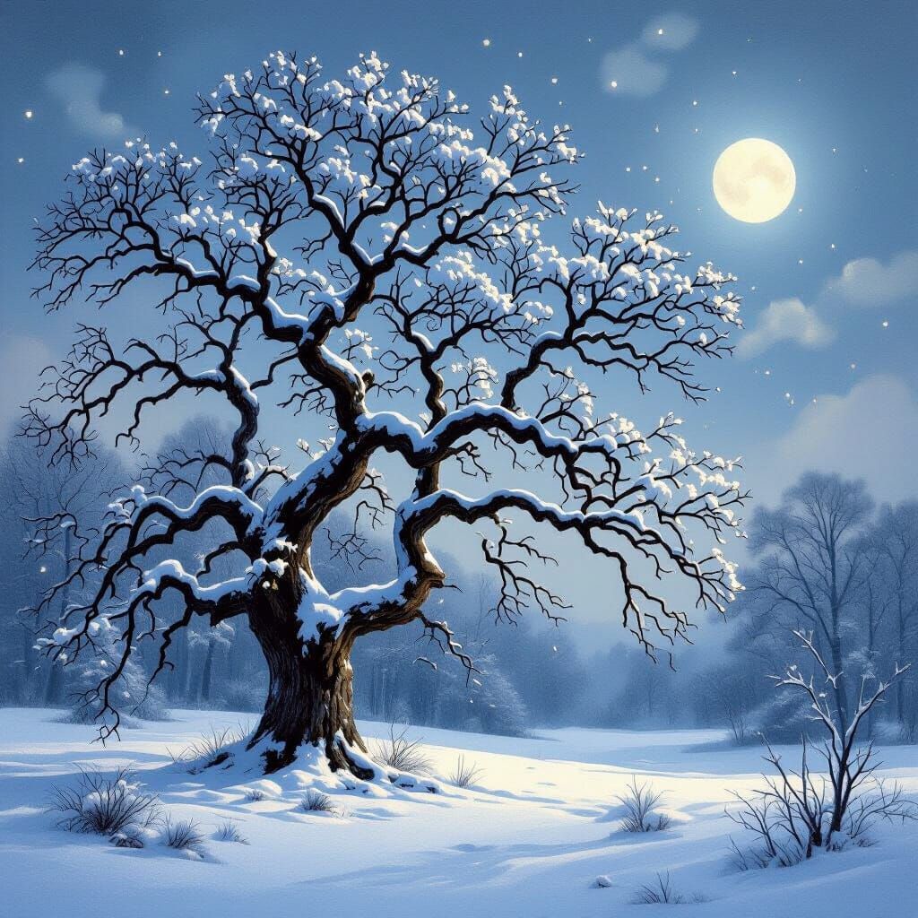 Snow Laden Oak in Moonlit Forest Clearing