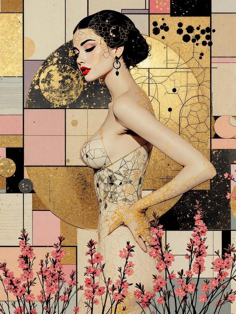 Abstract Pin-Up Fusion in Klimt and Basquiat Style