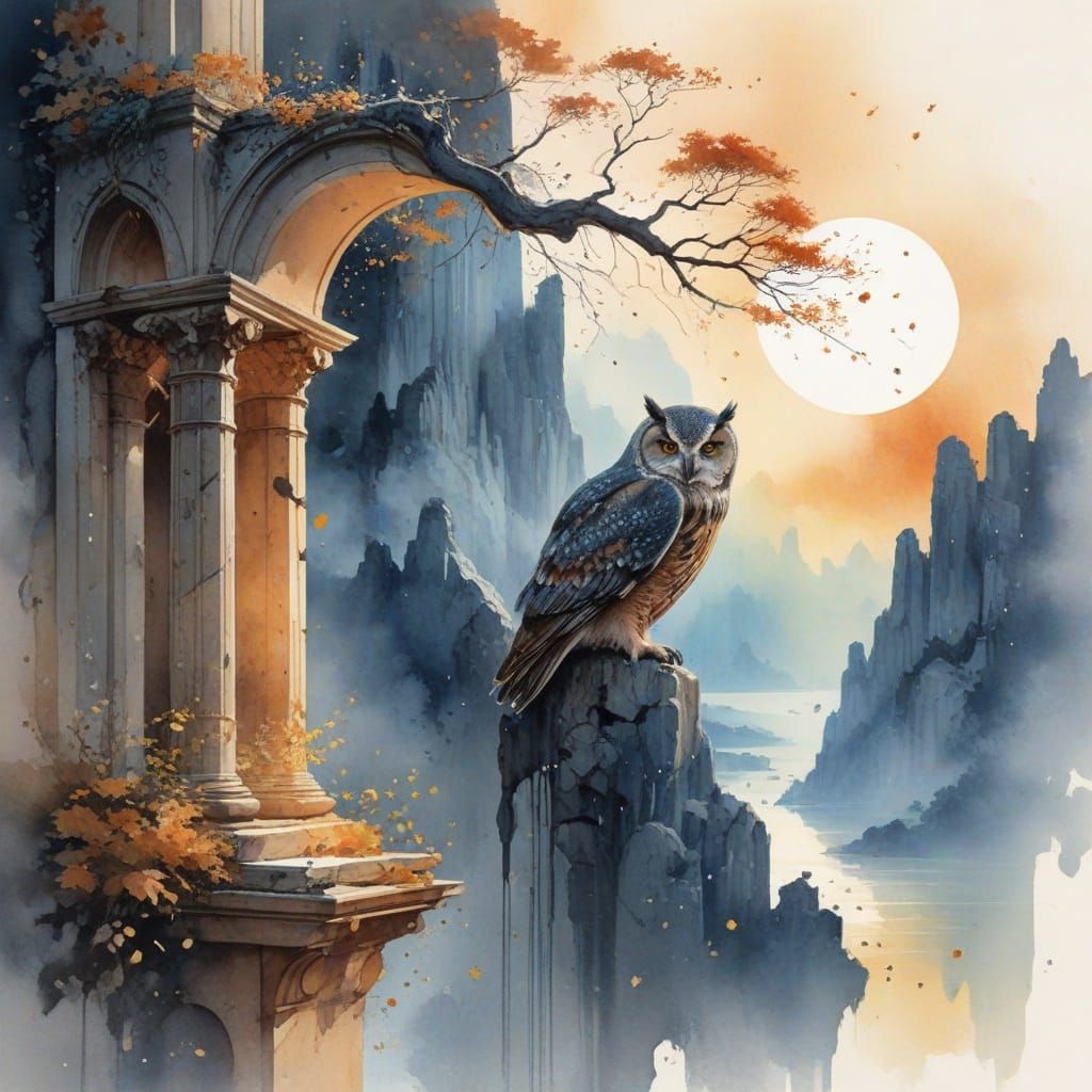 Enchanted Owl Amidst Celestial Ruins