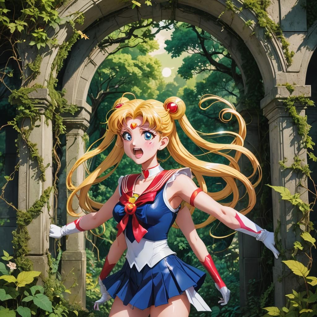 Sailor Moon Screaming Before Overgrown Archway in Anime Styl...