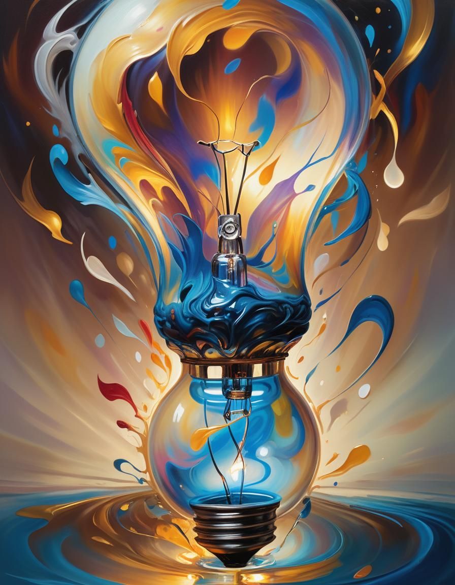 Glowing Blue Light Bulb Oil Painting