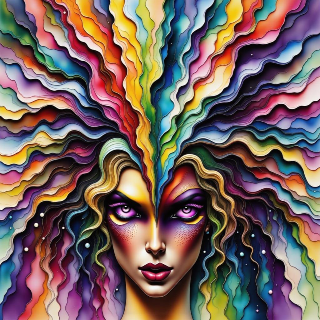 Glamorous Woman with Purple Eyes and Hair in High-Fashion St...