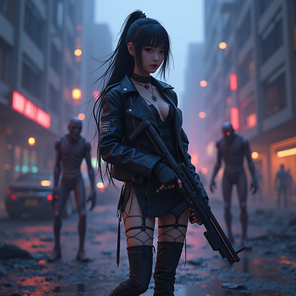 Cyberpunk Post-Apocalyptic Goddess Grasps Gun Among Zombie H...