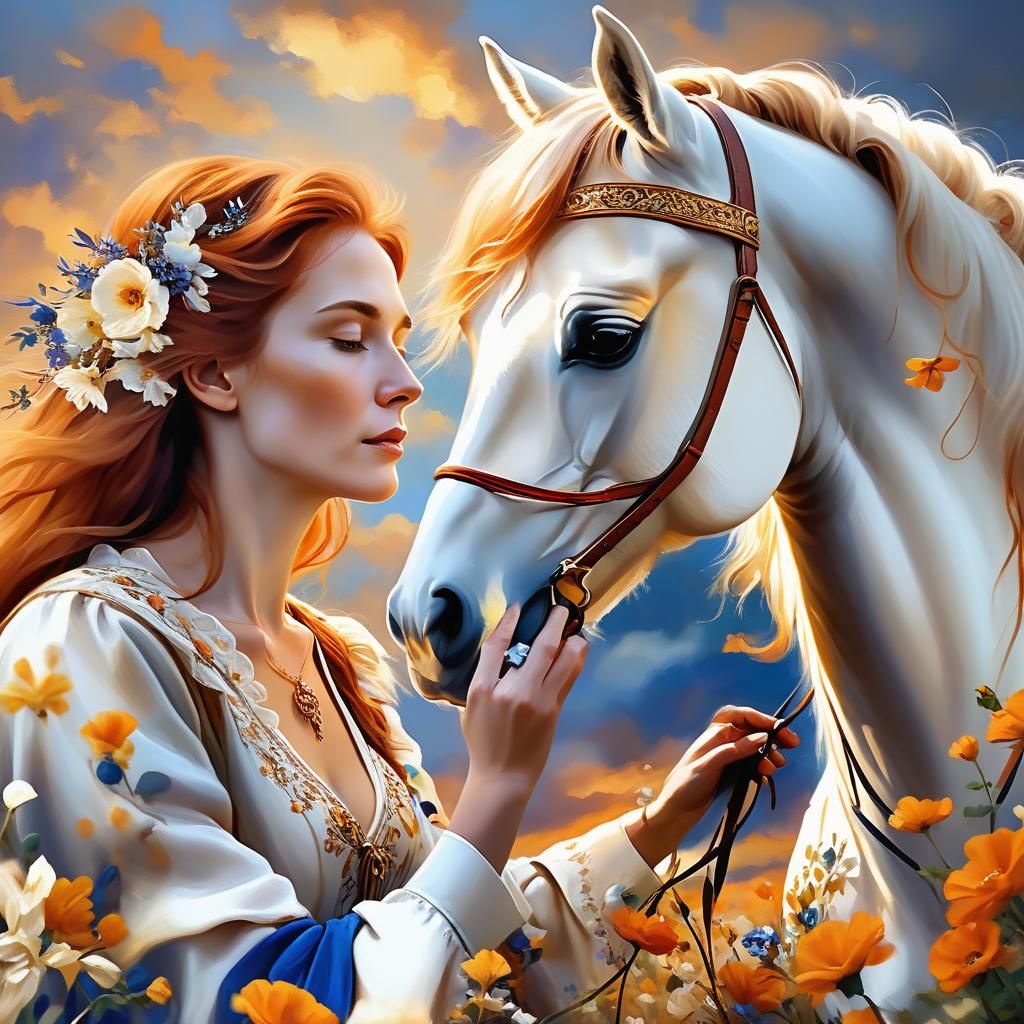 Auburn Haired Lady and White Horse in Oil Painting Style