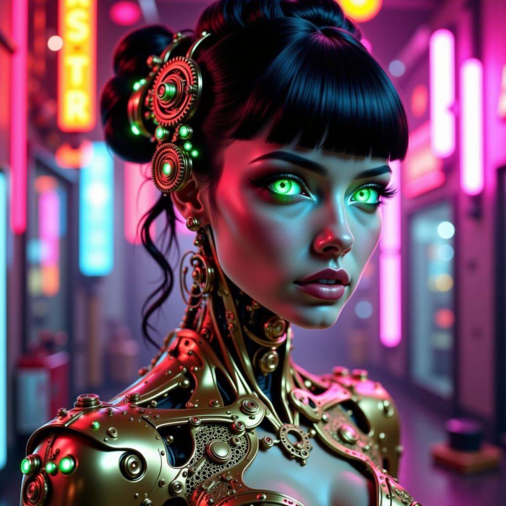 Cyberpunk Robot Woman in Gold Dress