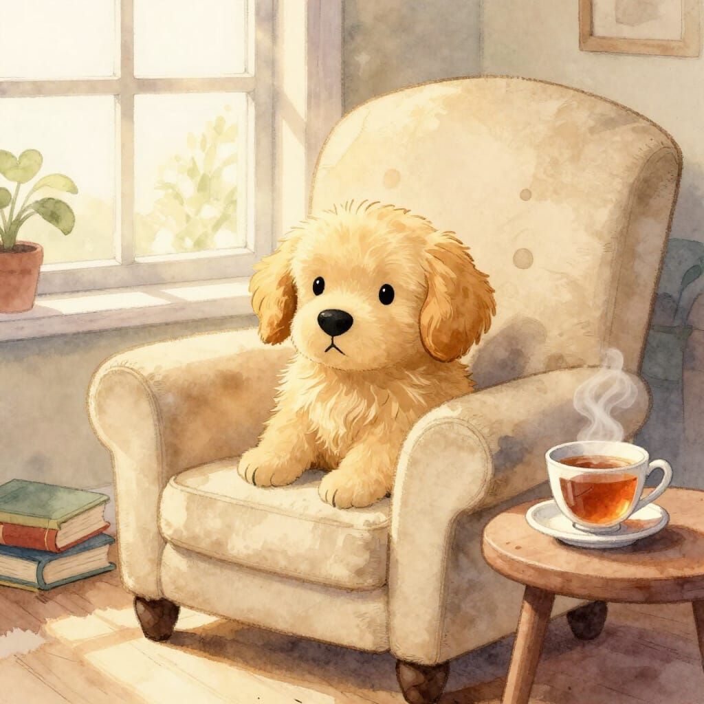 Golden Retriever Puppy Cozy Armchair Watercolor Illustration