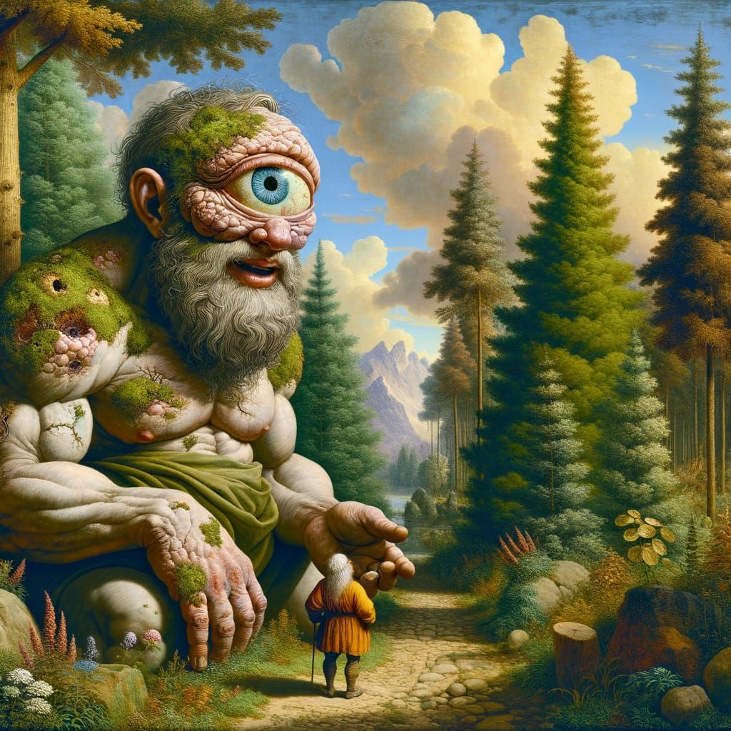 A Cyclops and Elf Engage in Baroque-Era Conversation
