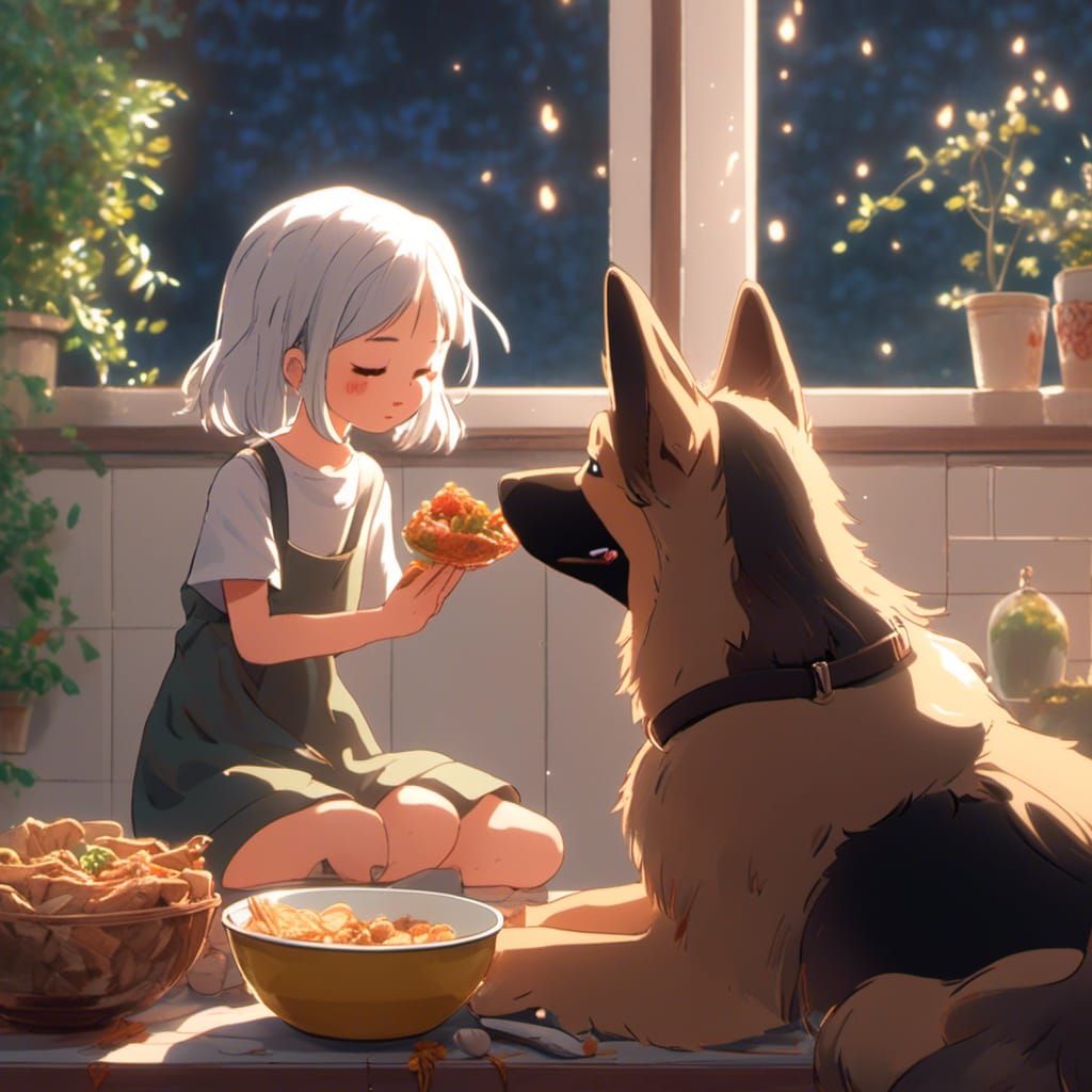 Girl and Dog in Anime Style by Makoto Shinkai