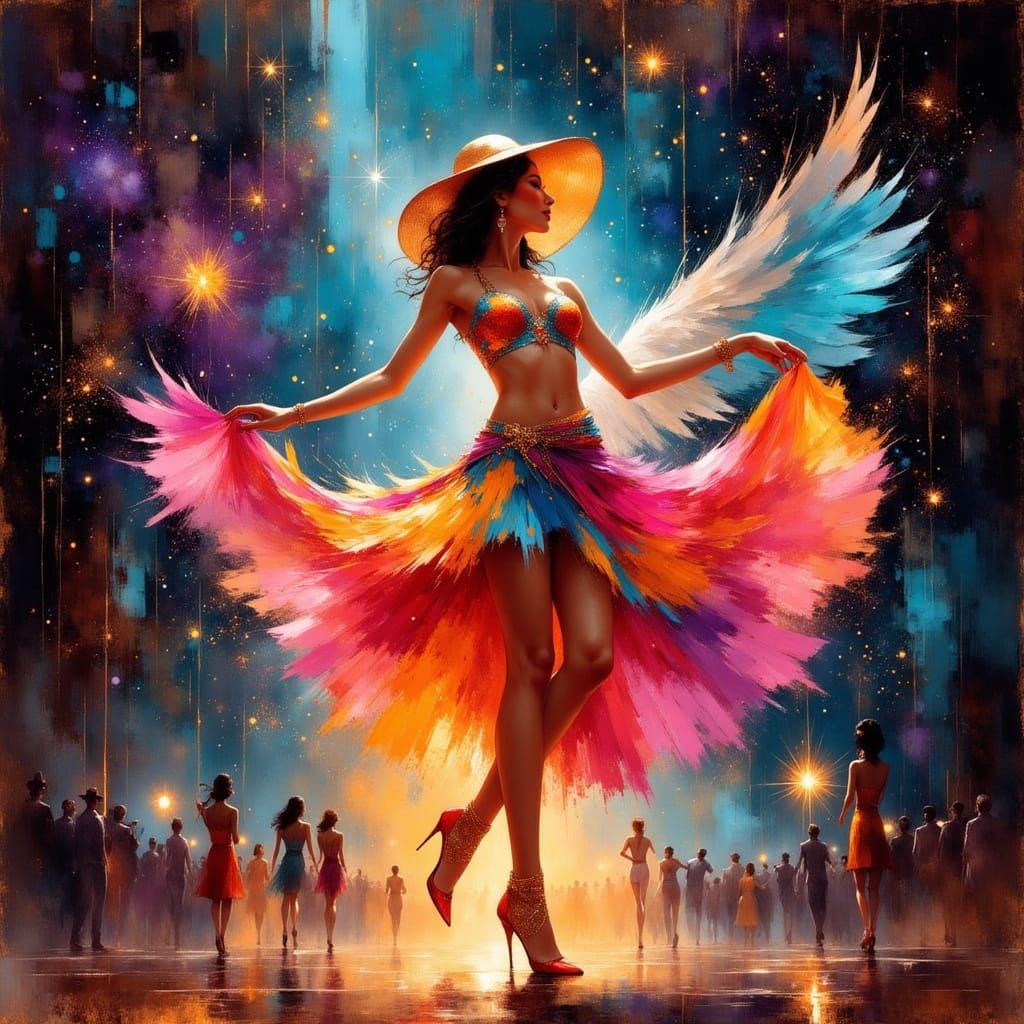 Neon Samba Dancer in Zero Gravity: Retrofuturistic Art