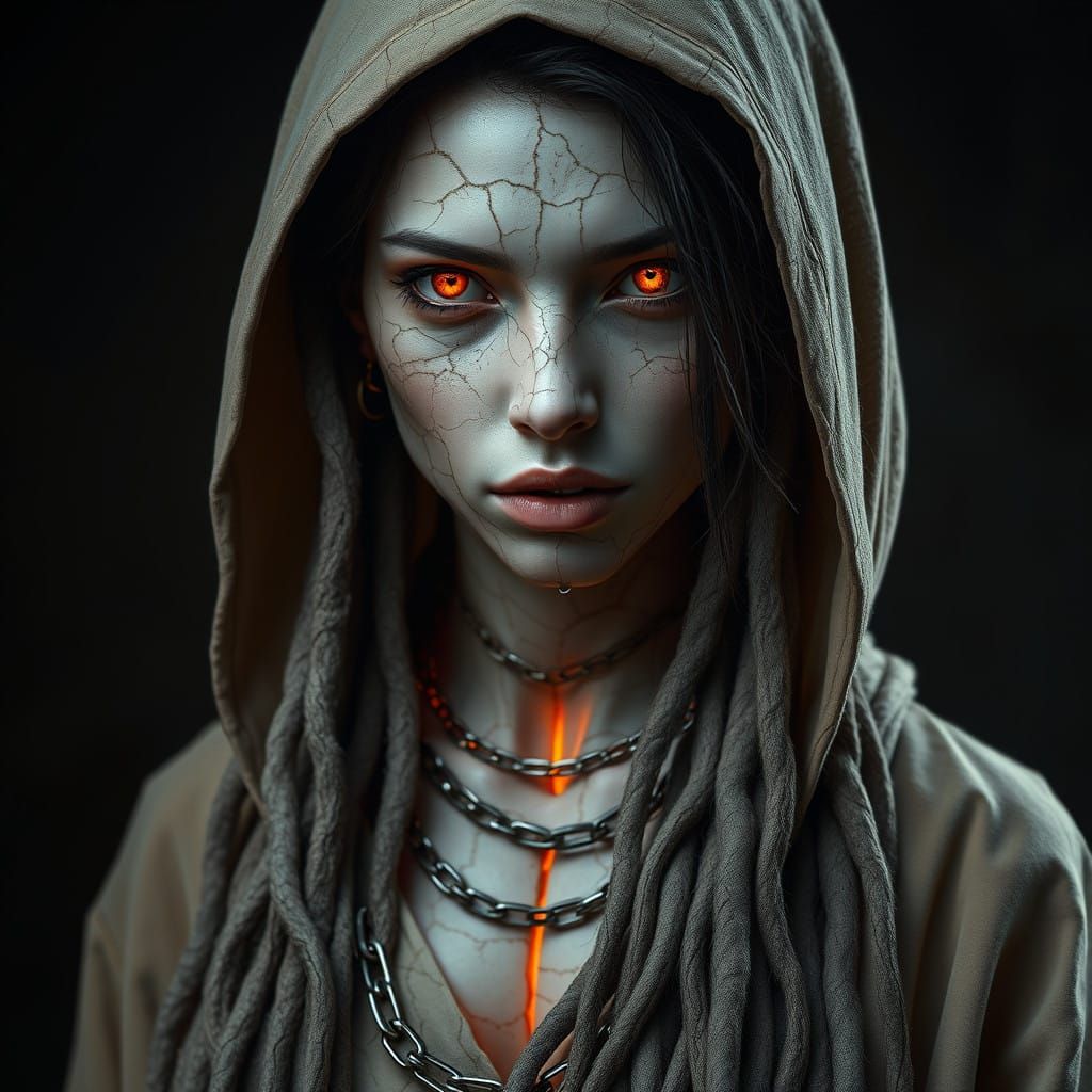 Ethereal Gothic Goddess with Fiery Eyes