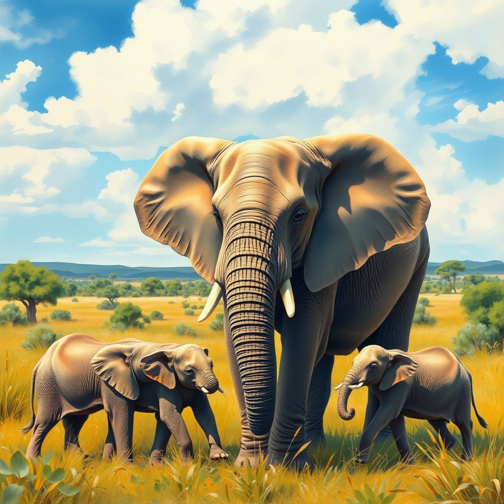 Mother Elephant and Calves in Vibrant Savannah Landscape