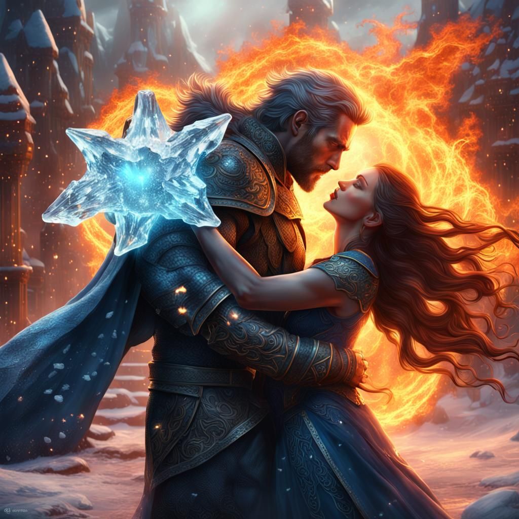 Fiery Man and Icy Woman Kiss in Fantasy Art