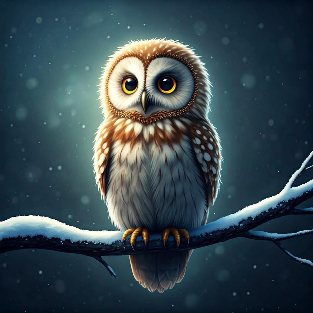 Whimsical Owl in Frosty Winter Wonderland Scene