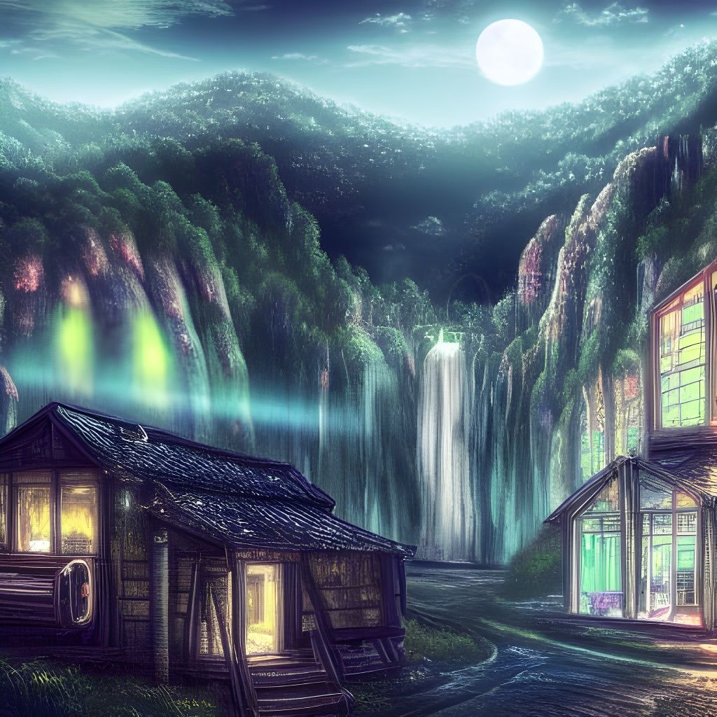 Neon Village in Moonlit Valley: Photorealistic Post-Apocalyp...