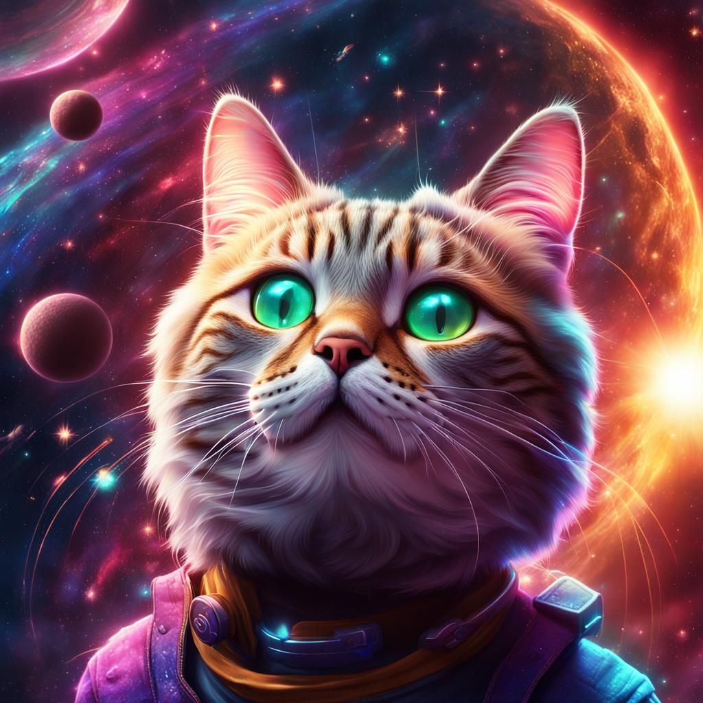 Celestial Felines Dance in Vibrant Future Galaxy