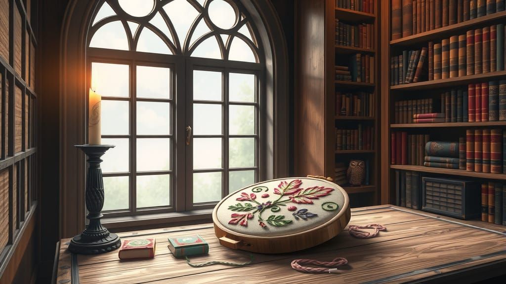 Fairy-Tale Embroidery Hoop in Cozy Room, Cel-Shaded Style