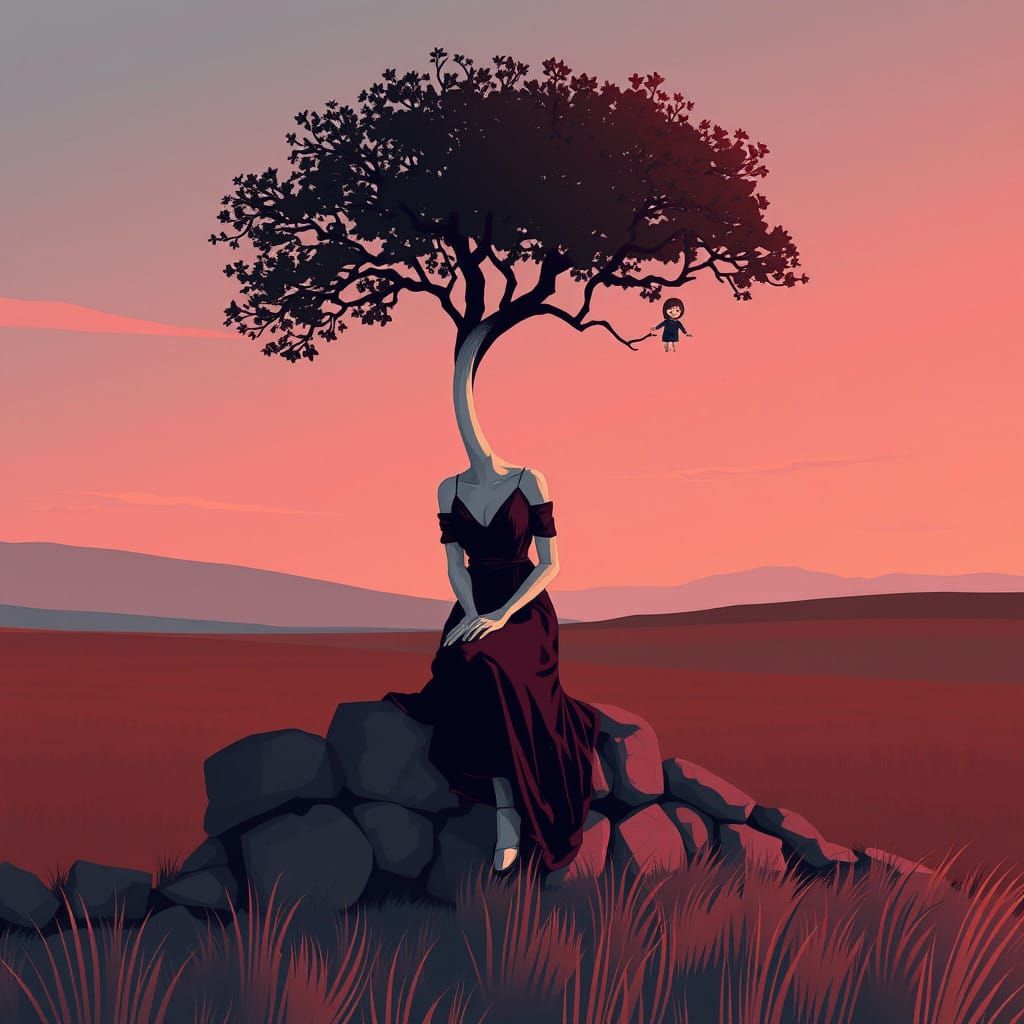 Ethereal Woman on a Stone Wall in a Field of Eerie Beauty