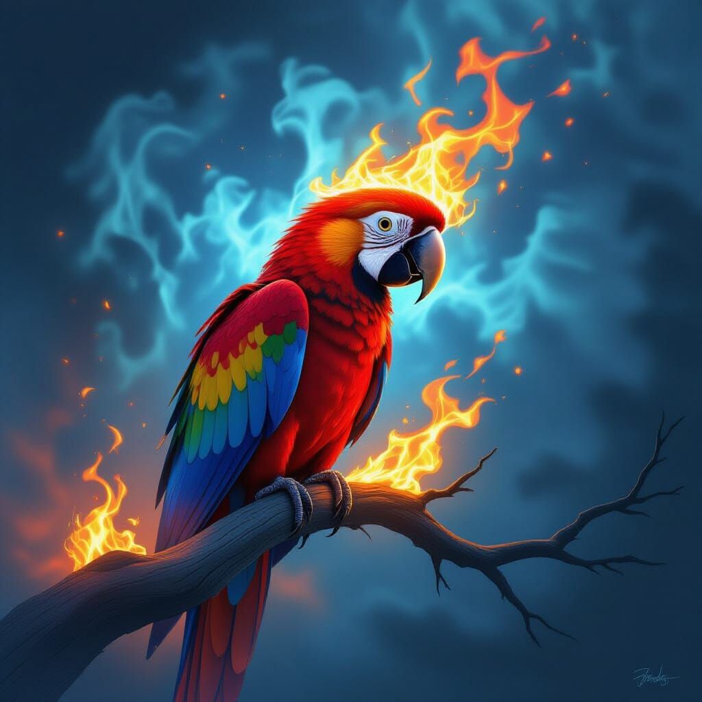 Vibrant Macaw Perched Against Ethereal Blue Flame