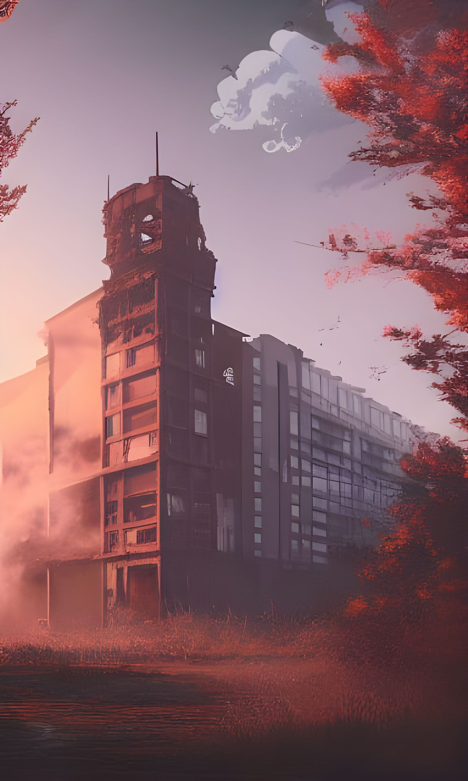 Burning Building Abandoned by Nature at Dawn
