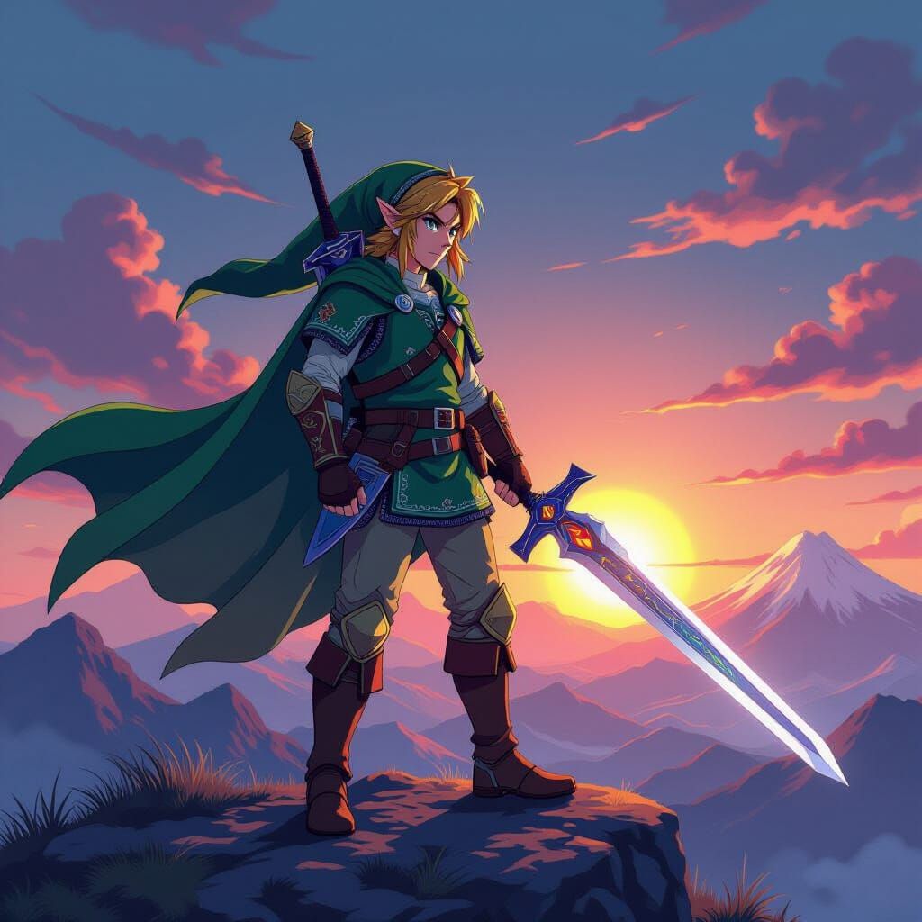 Link in Samurai Armor on Mountaintop at Sunset
