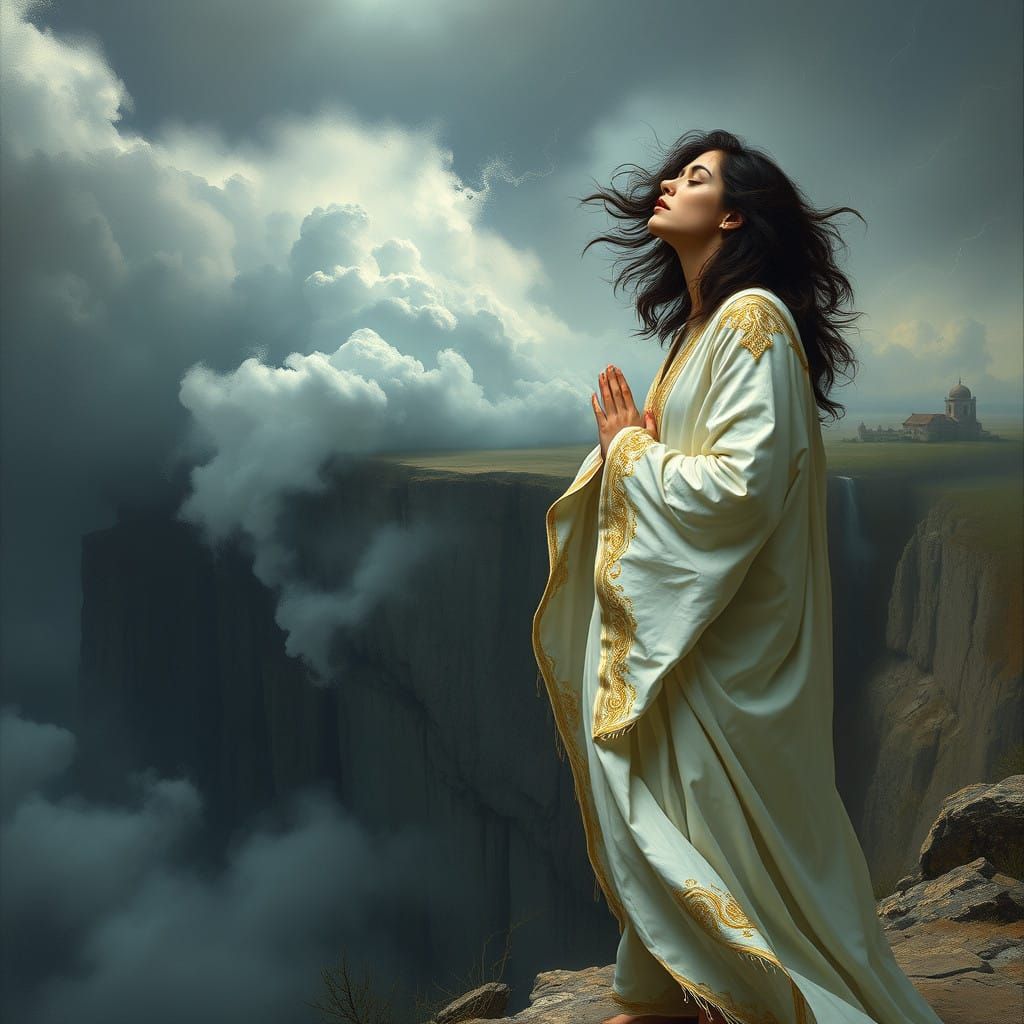 Priestess in Turbulent Stormy Landscape