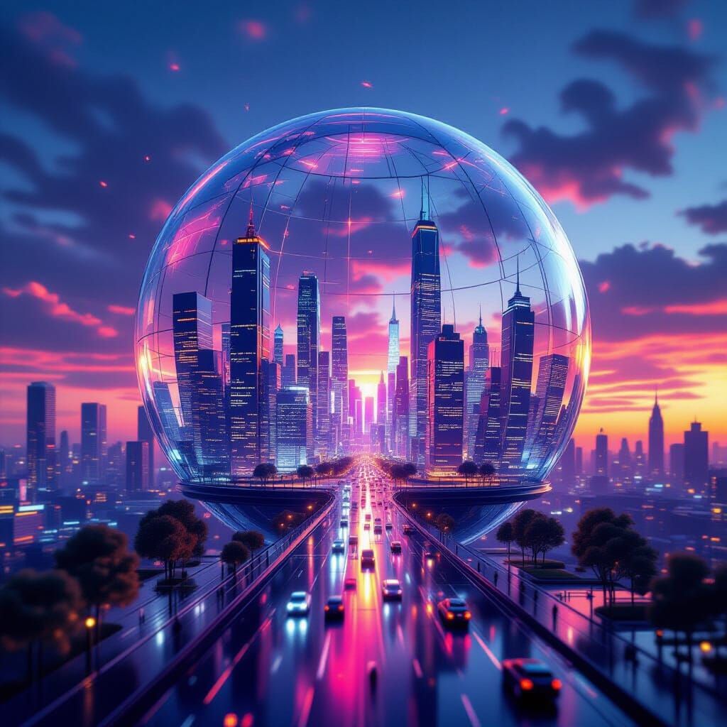 Futuristic City in Glass Sphere at Sunset