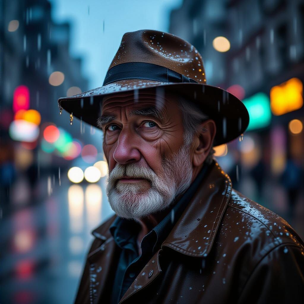 Hyperrealistic Cyberpunk Portrait of an Old Man in Rain