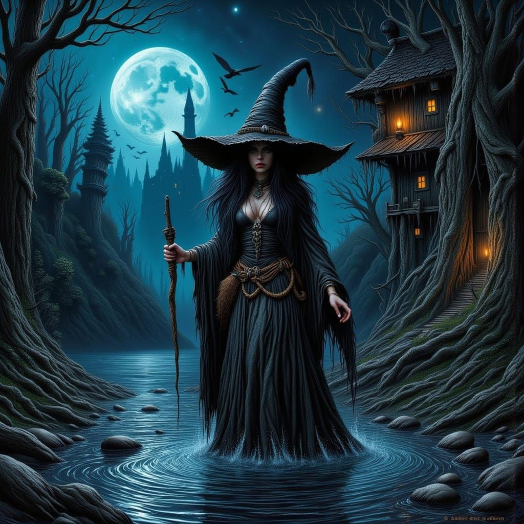 River Witch Casting Spell Under Moonlight