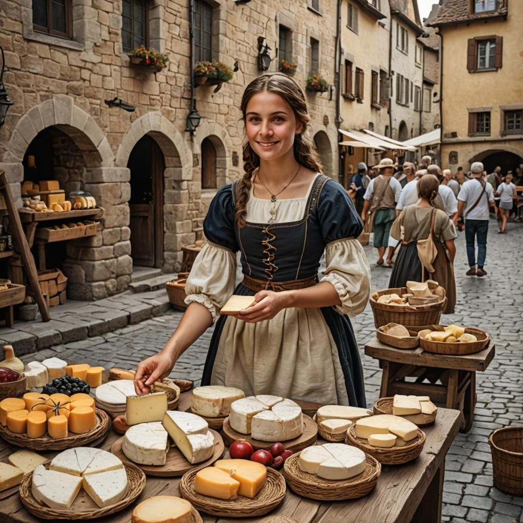 Medieval Village: Girl Selling Cheese at Market