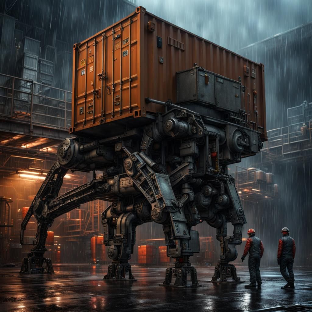 Dystopian Sci-Fi Powerlifter Loading Spaceship