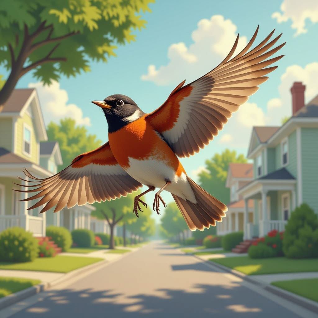 Robin Flies Above Suburban Scene in Hyperrealism