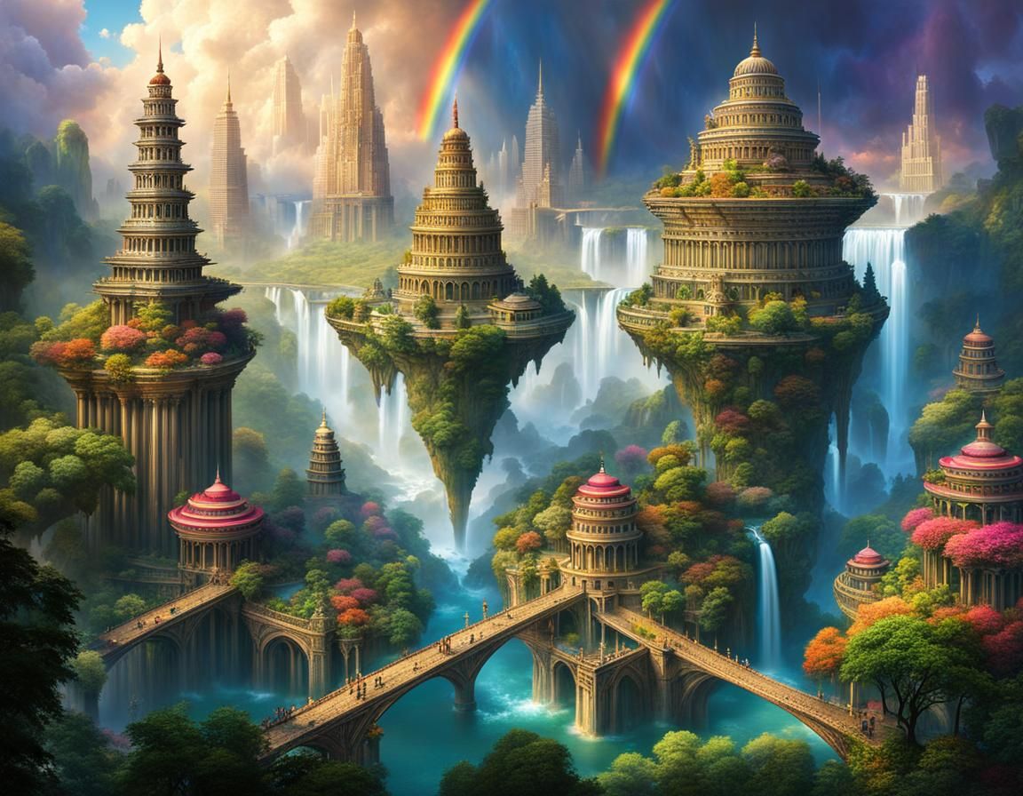 Cloud City with Floating Temples and Gardens