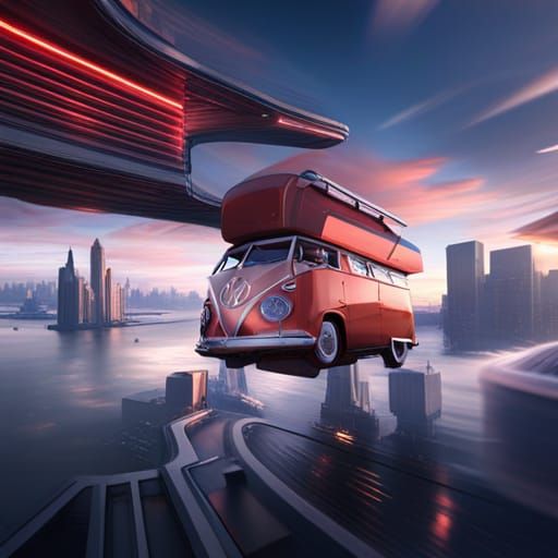 Futuristic Flying VW Campervan in New York: Sci-Fi Art