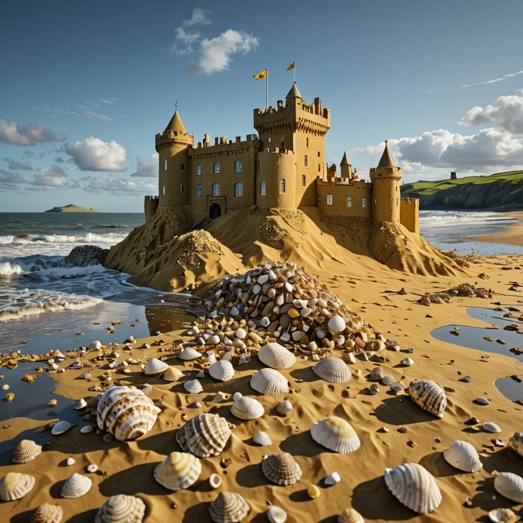 Surreal Sandcastle Fortress Above Fragmented Sea