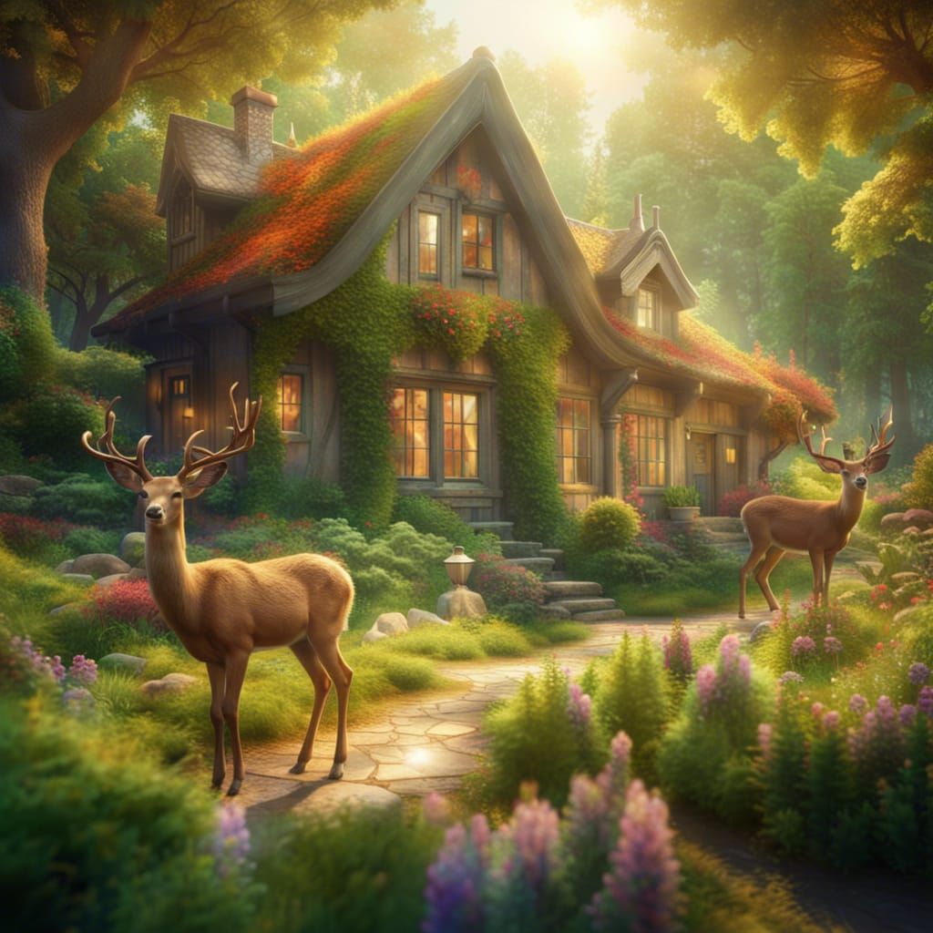 Enchanting Forest Cottage with Deer: 3D Render