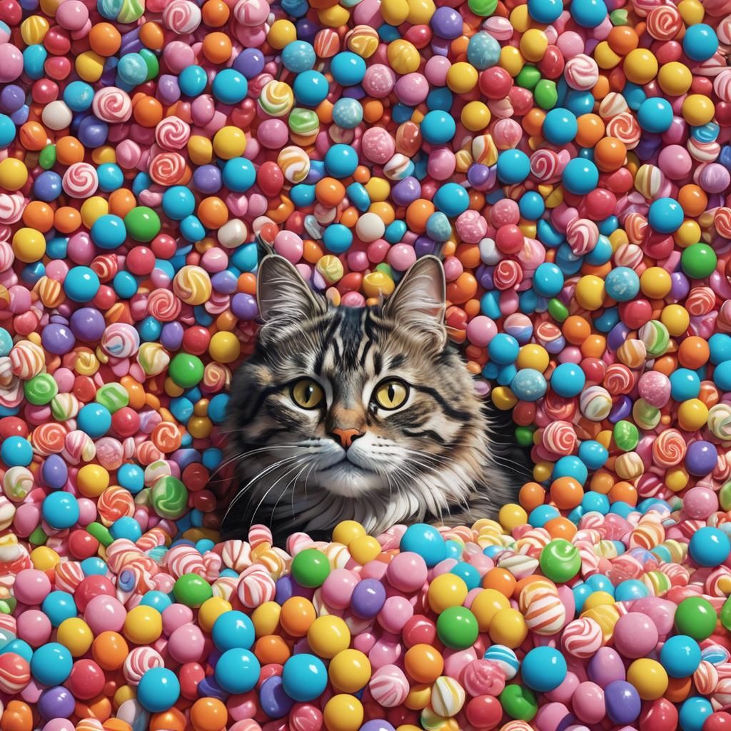 Cat Lounging by Candy Waterfall, Digital Illustration