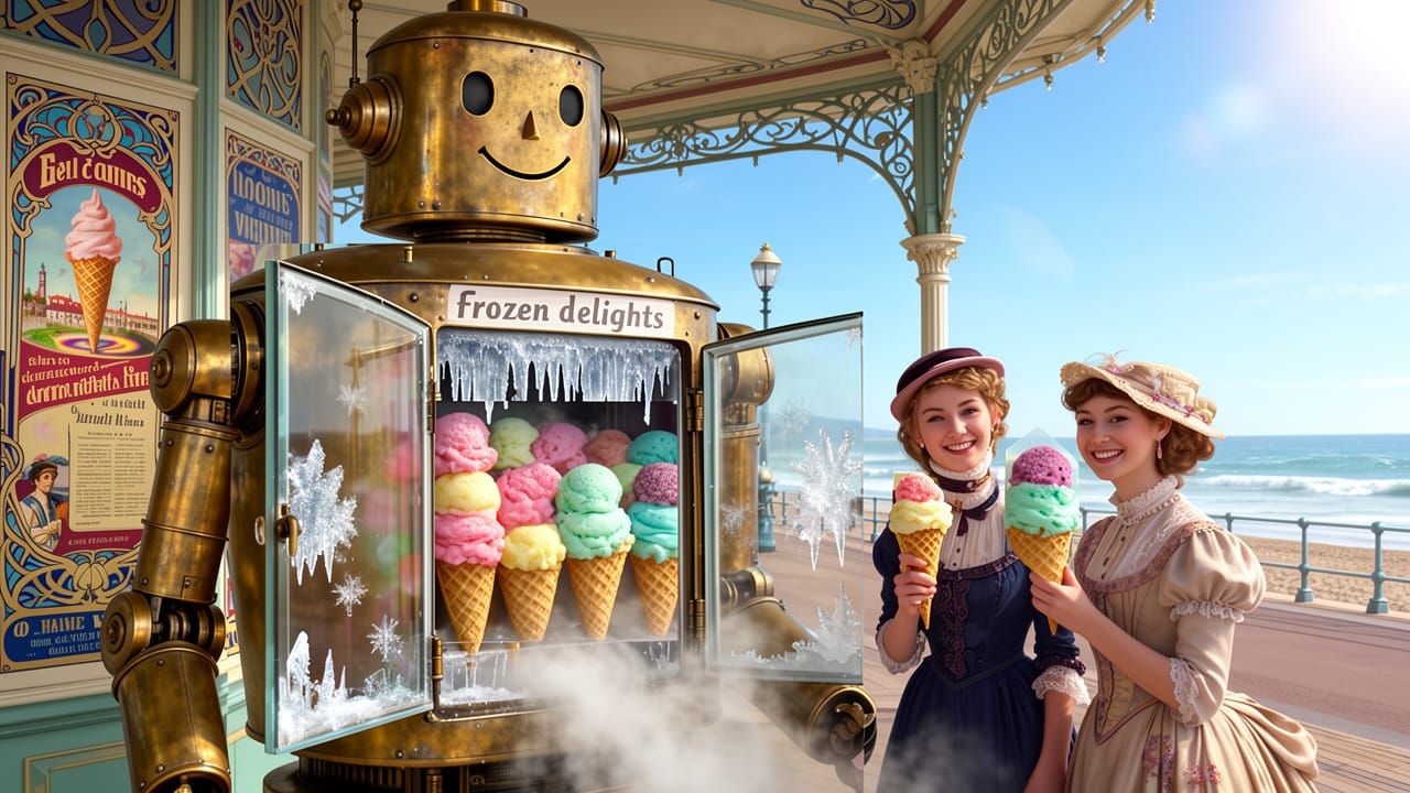 Victorian Women Buy Ice Cream from Whimsical Robot Seller