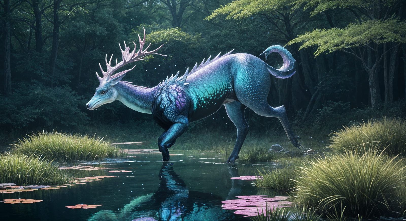 Majestic Kirin at Forest Pond in 3D Anime Style