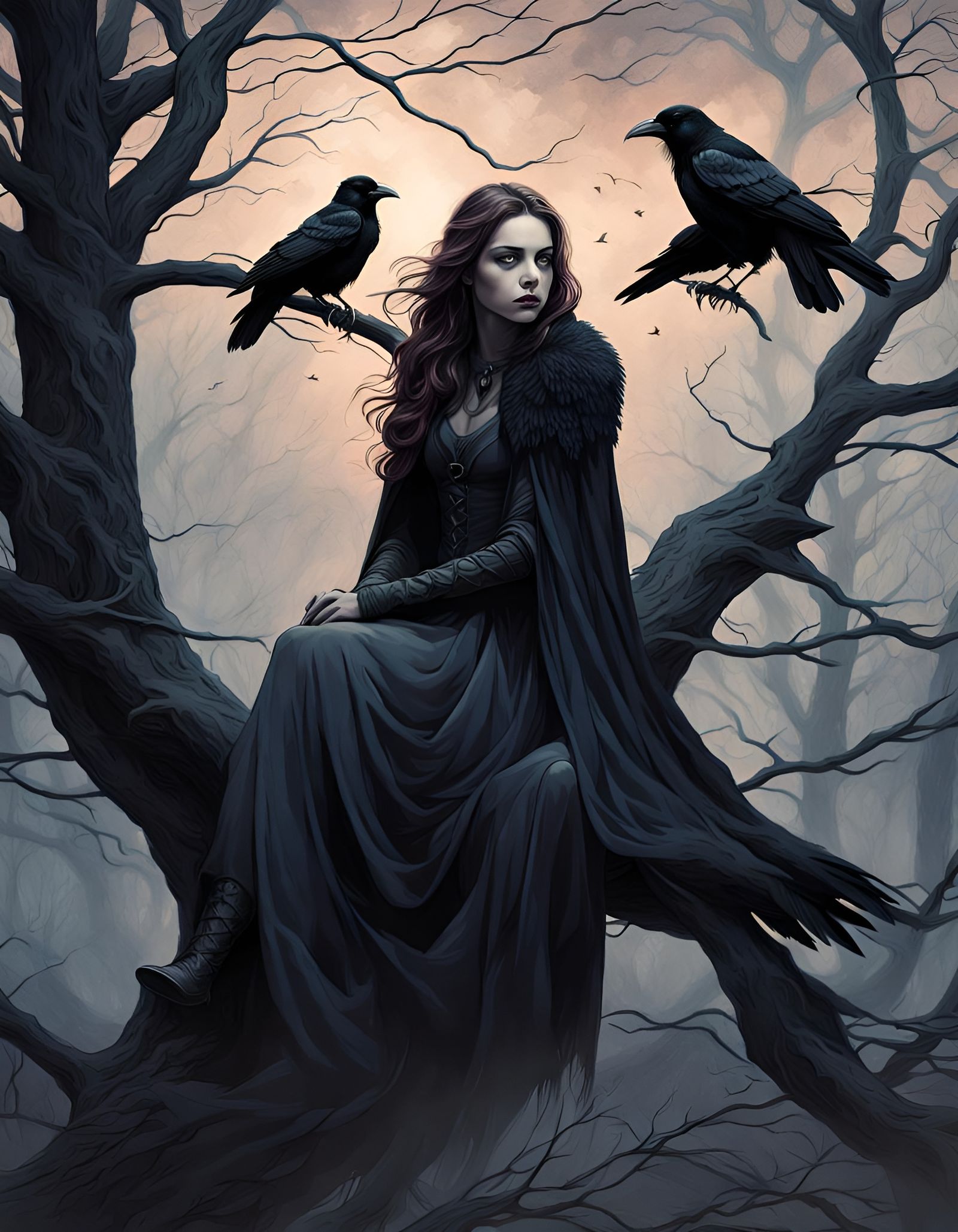 Sad Angry Girl Surrounded by Ravens - 
Watching & Waiting