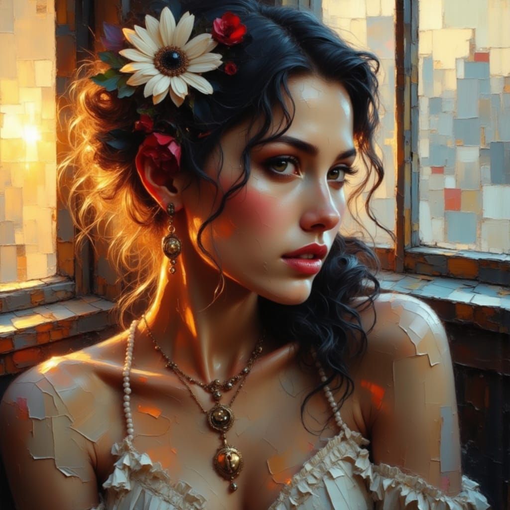 Impasto Oil Portrait of a Romantic Young Woman