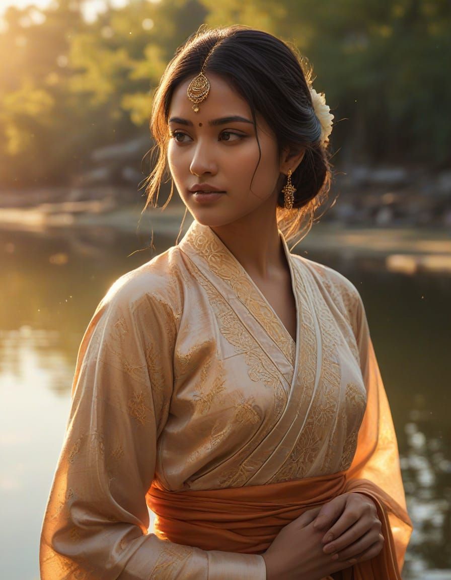 Serene South Asian Woman by Lake: Digital Anime Art