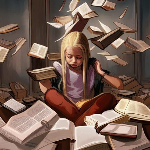 Girl is writing in library huge pile of books in background while books are flying around