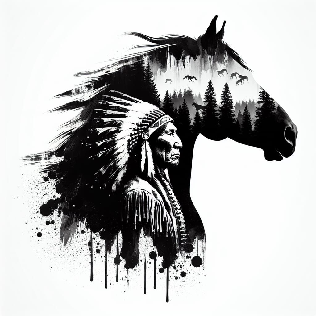 Double Exposure: Horse and Native American Ink Art