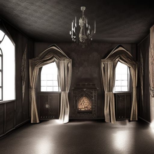 Silent hill themed penthouse with dusty black smoke walls& Dusty black smoke Gothic furniture& creepy Gothic windows& Du...