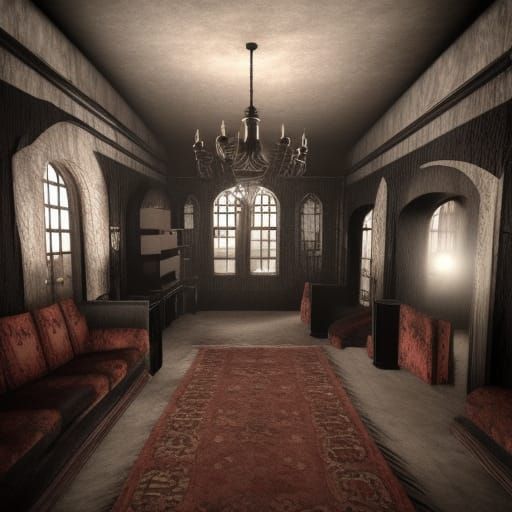 Silent hill themed penthouse with dusty black smoke walls& Dusty black smoke Gothic furniture& creepy Gothic windows& Du...