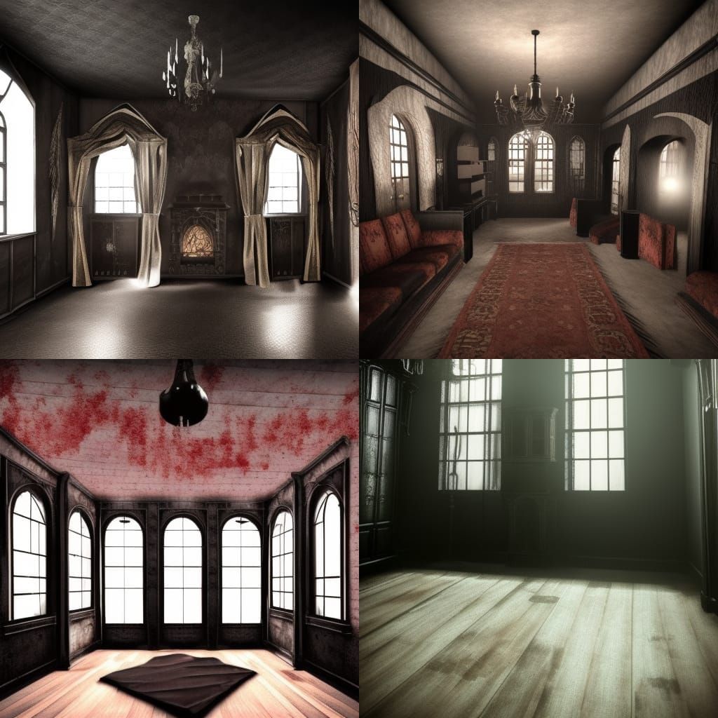 Silent hill themed penthouse with dusty black smoke walls& Dusty black smoke Gothic furniture& creepy Gothic windows& Du...